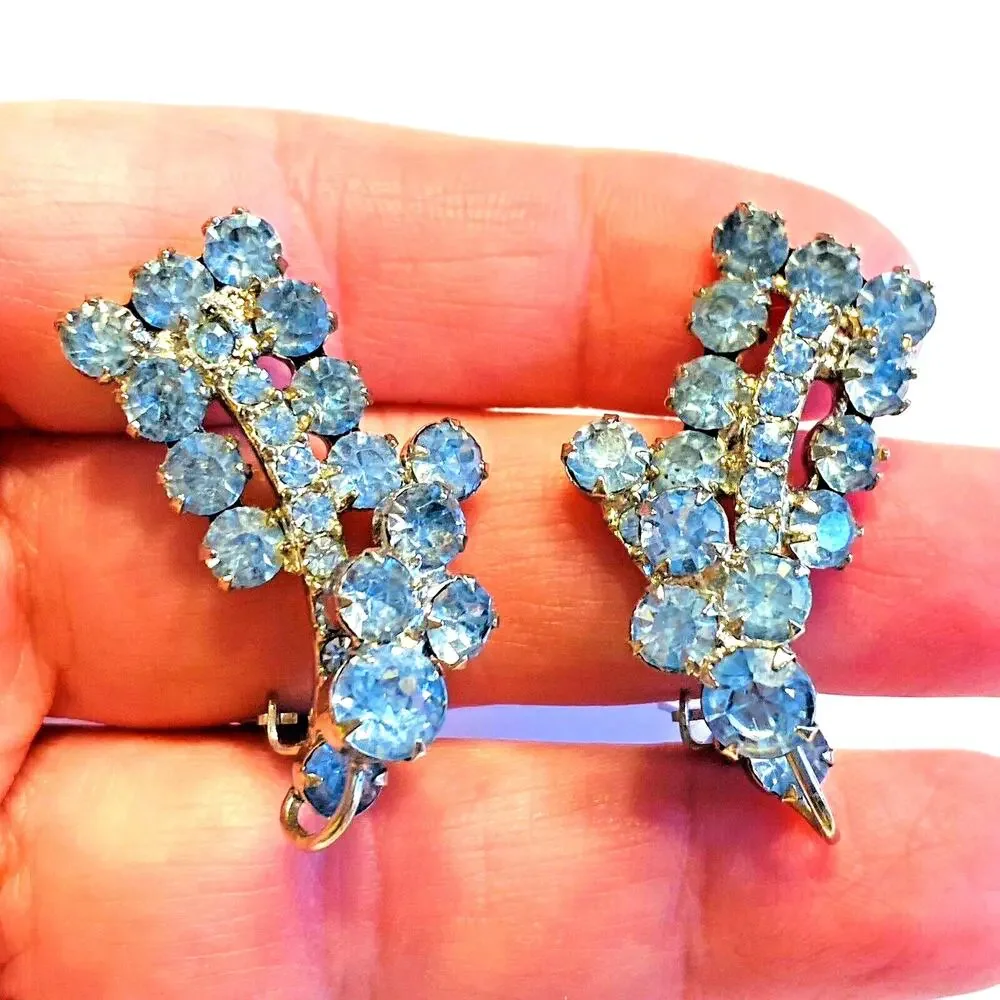 Vintage Clip On Earrings Silver & Light Blue Rhinestones Mid Century Jewelry